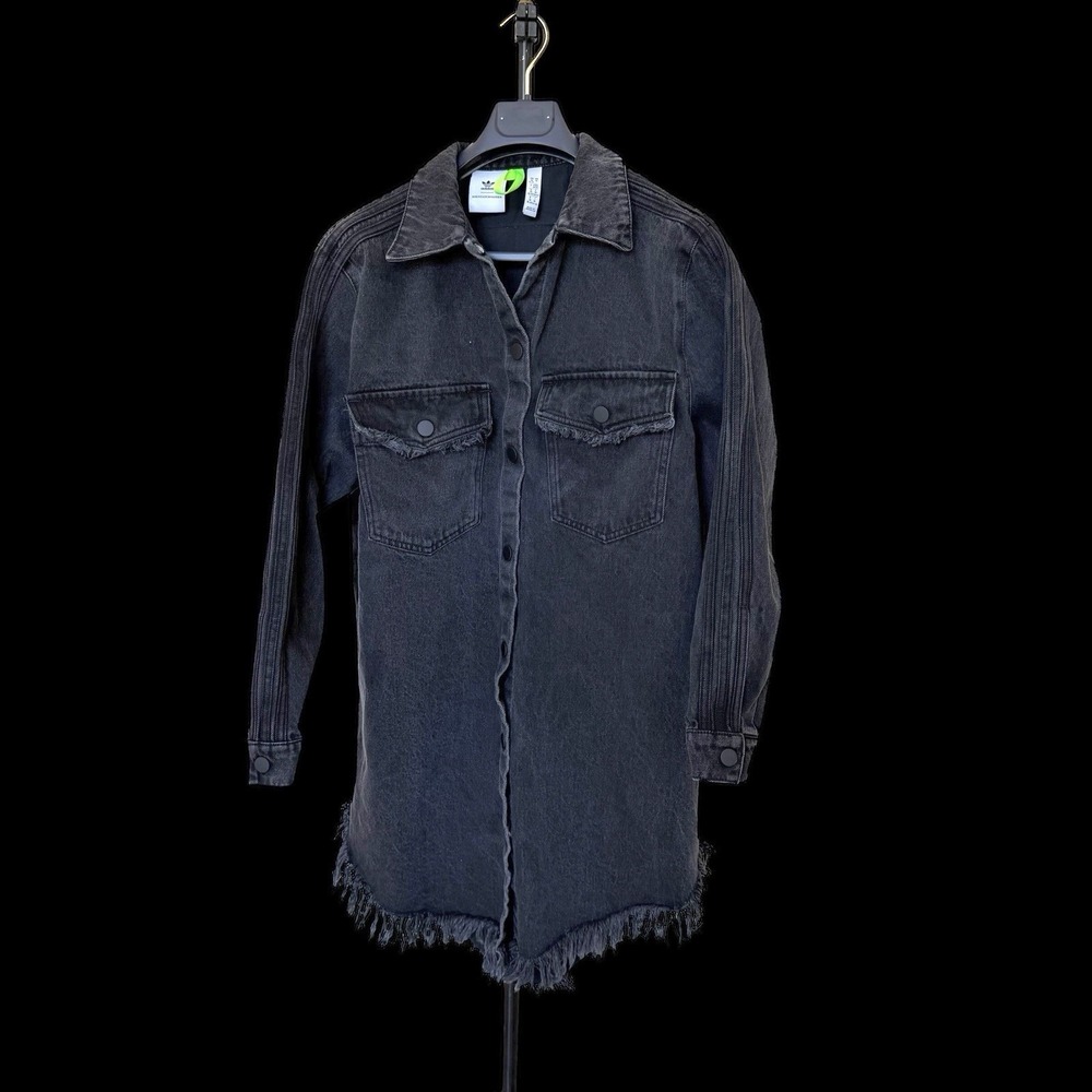 Adidas x KSENIASCHNAIDER Black Denim Fringe Shirt Dress Snap Front Medium